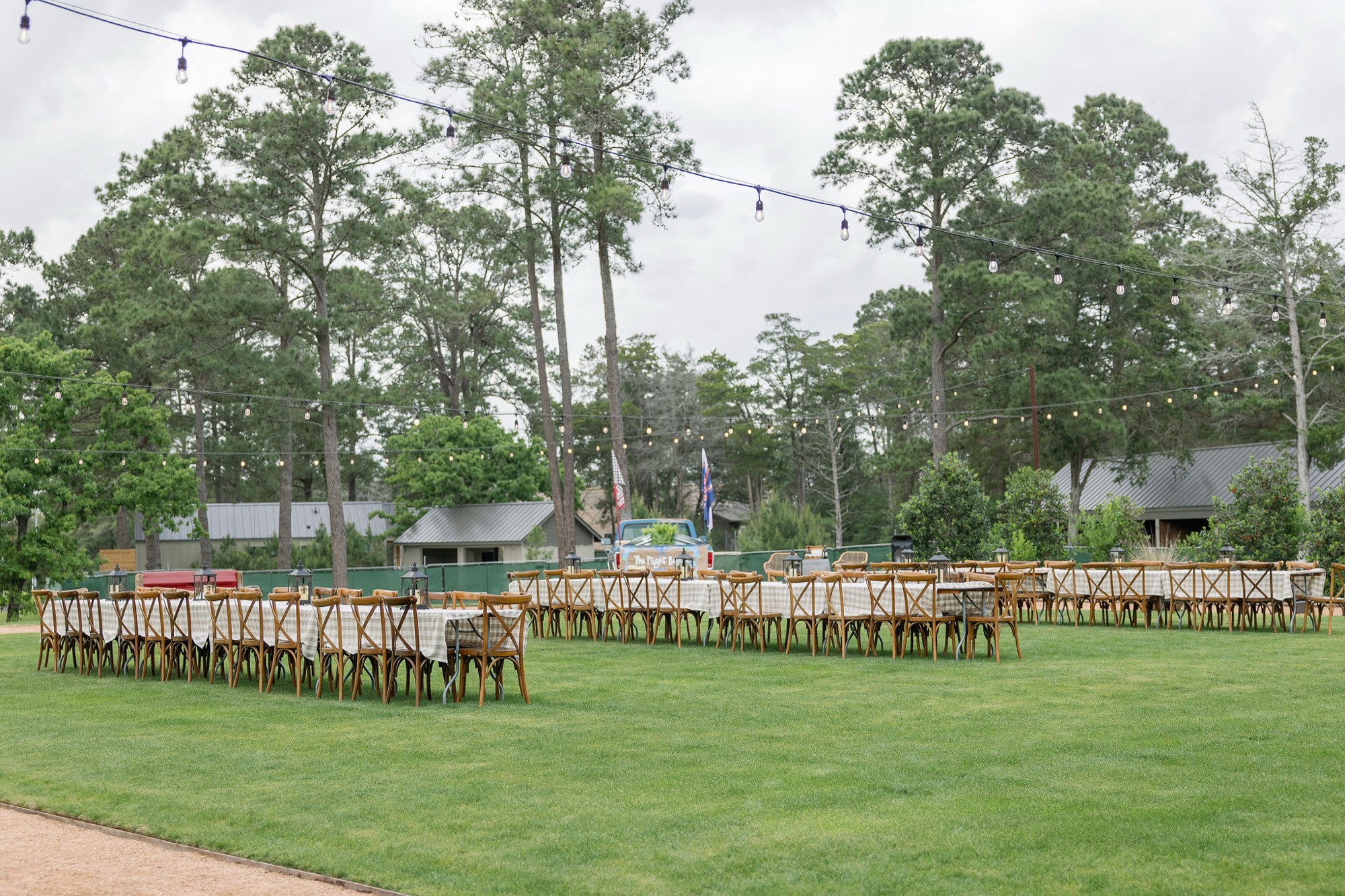Long tables set on the lawn